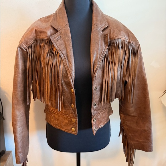Chia Jackets & Blazers - Cropped Brown Fringe Leather Jacket for Women
